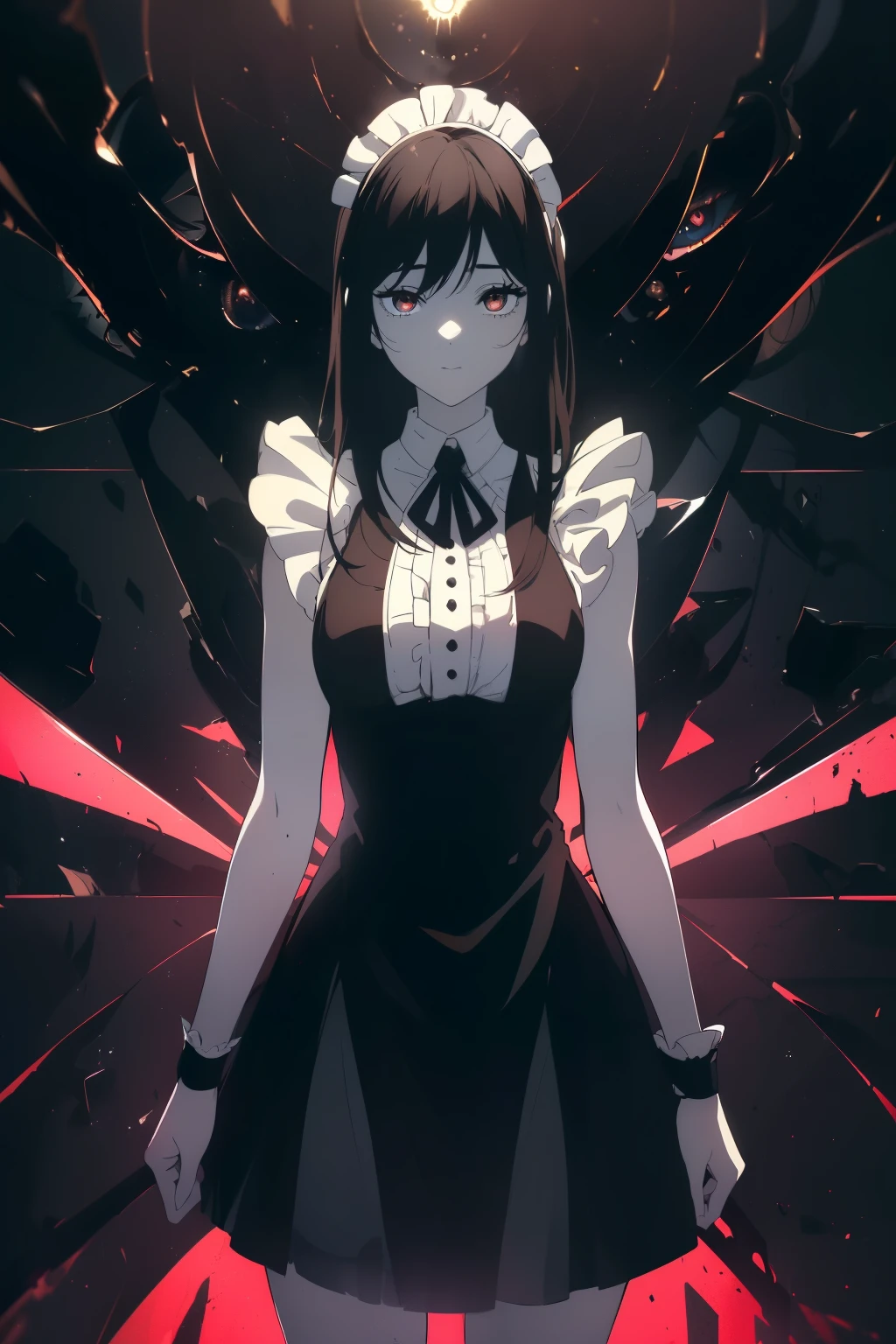 ((((Obra maestra, La mejor calidad, ultrahigh resolution)))), 1girl, standing, (cute maid costume), ((long black hair, black hair over eye)), long hair cut, pale skin, ((brown eyes)), glowing_eyes, neon eyes, (ultra detailed eyes:0.7, beautiful and detailed face, detailed eyes:0.9), ((centered)), smile, ((wide shot)), facing viewer, ((vibrant background, bright lighting, summer, sunlight)), flat chested, looking at viewer, ((half closed eyes)), ((perfect hands)), (((head:1, arms, hips in view, elbows, arms, legs, in view))), ((hands behind back)), empty eyes, beautiful lighting, ((outside, outdoors)), defined subject, head tilt, (((gritty)), ((creepy)), ((cool)), ((beautiful)), (((SFW)))