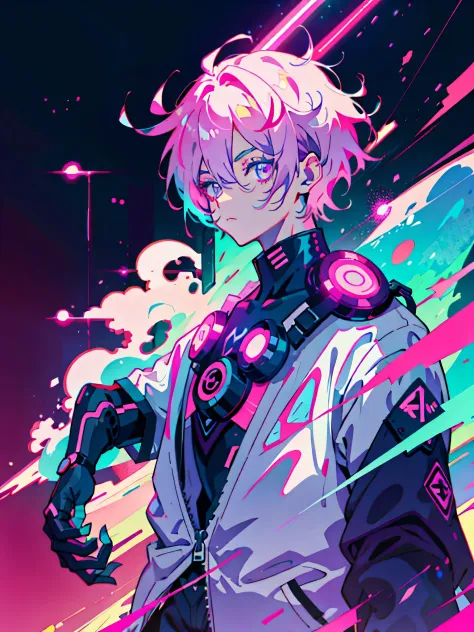 Anime Boy, Neon purple hair, And pink color, wounds, a sticker, Neon style throughout the shot, Cool pose,Neon background