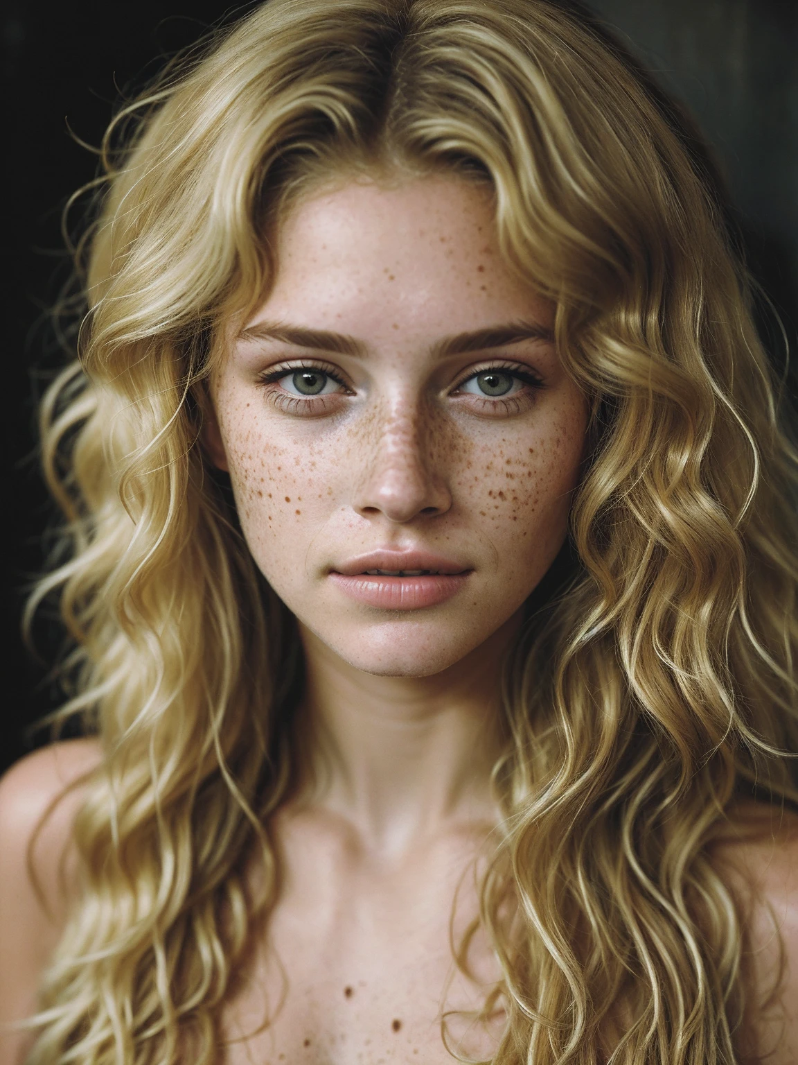 une photo portrait d&#39;une belle femme avec des boucles et beaucoup de taches de rousseur, (sale blonde ha portrait:1.5), lumière dramatique , Schéma d&#39;éclairage de Rembrandt, (Hyperréalisme:1.2), (Photoréaliste:1.2), tourné avec Canon EOS 5D Mark IV, Visage détaillé, Cheveux détaillés