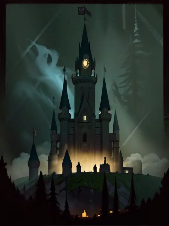 a painting of a dark castle in the middle of a dark forest, at night castle background, Gothic castle,