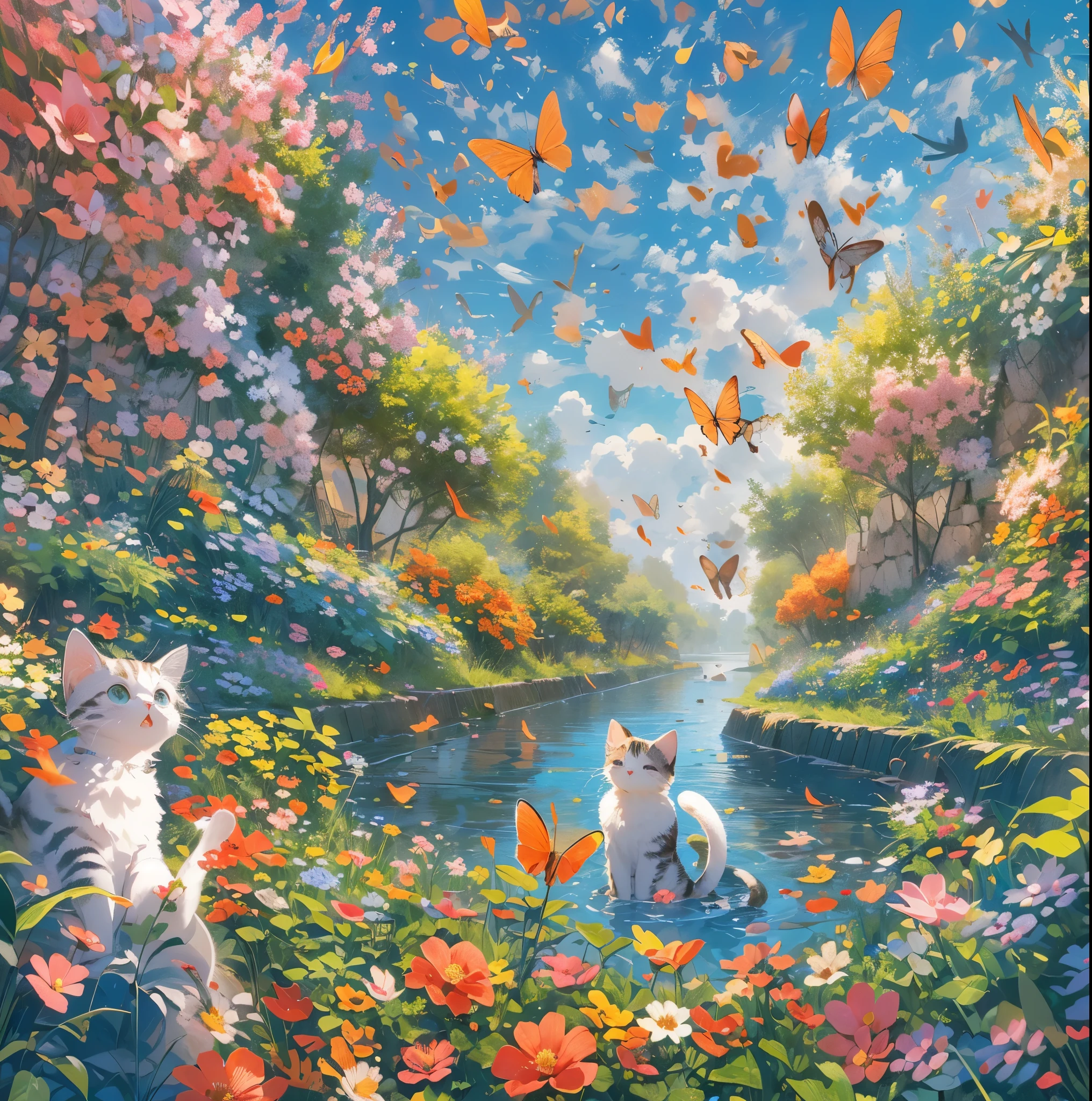 absurdes, ultra-détaillé,couleur vive,(8k:1.5),morceau de masséter,Les coeurs volent,paysage lumineux、pour ça, ciel ouvert bleu,(yeux bleu profond:1.4) ,Des fleurs colorées fleurissent autour de la rivière,(Le paradis des chats:1.3),rayons de soleil,Le ciel bleu s&#39;étend à perte de vue,Les chats sont assis dans un jardin fleuri avec des expressions calmes,Les oiseaux volent aussi dans le ciel,Confettis,