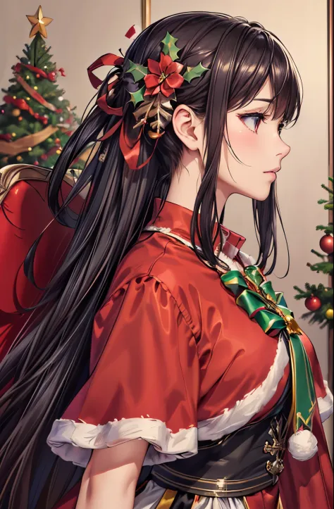 christmas tree, detailed background, 1girl, detailed red clothing, detailed Colorful hair ornaments, (shiny skin), hierarchical ...