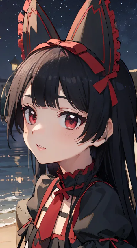 Rory Mercury, Rory Mercury, black  hair, blunt bangs, hime cut, hair ornament, red lipstick, hairlong, cute face, makeup, (small chest:1.2), (red eyes:1.5), BREAK Gothic underwear, the perfect body (little chest:1.3),  BREAK in full growth, red shoes, BREA...