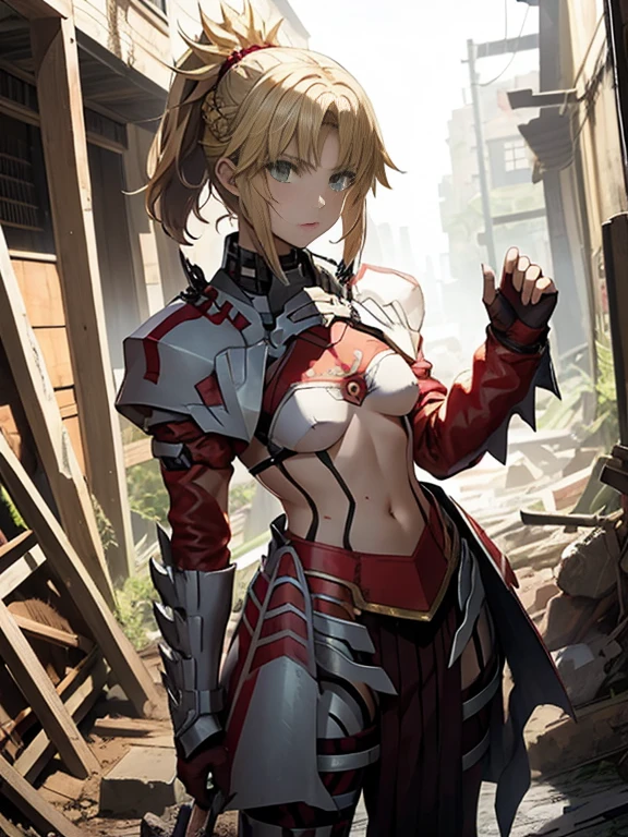 ​masterpiece、A short-haired girl standing in the rubble、FGO Maud Red Armor Costume、tiny chest、Looking at the camera、Glossy costume、wounded、Mud stains、Covered in mud、Exhausted、a blond、