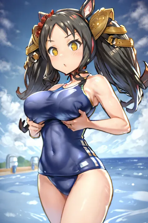 Uma Musume　Marvelous Sunday　Black hair twintails　tail　animesque　swimsuit　breast lift