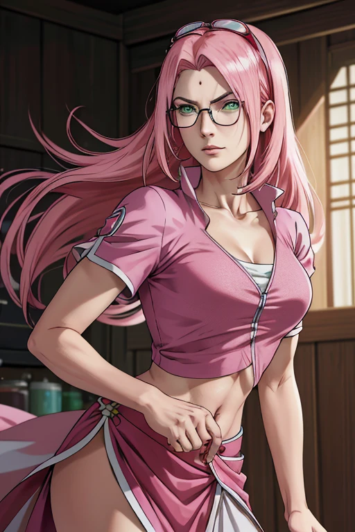 (((masterpiece+best quality+high resolution+ultra-detailed))), sakura\(boruto\), long silky pink hair, high nose, sharp eyes, noble and inviolable temperament, (([female]: 1.2 + [beauty]: 1.2 + pink long hair: 1.2)), egypt scriptures background, (one piece), collared jacket, crop top, midriff, navel, sarong, short sleeves, eyewear on head, hair slicked back, plunging neckline, cowboy shot, green eyes, dynamic angle and posture.