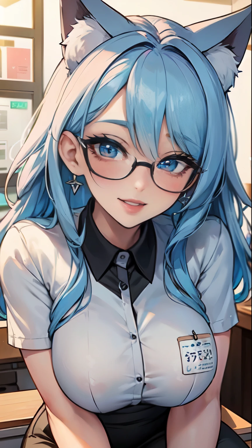 Nsfw,Masterpiece, beautiful art, professional artist, 8k, art style by sciamano240, very detailed face, detailed hair, detailed clothes, detailed fabric, 1girl, perfectly drawn body, beautiful face, long hair, light blue hair , very detailed blue cat eyes, big smile, wearing trendy office clothes, black thigh boots, black pencil skirt, glasses, rosey cheeks, coffee shop setting, model headshot , zoom in face, show details in eyes, upclose view, looking at viewer, excited expression,
