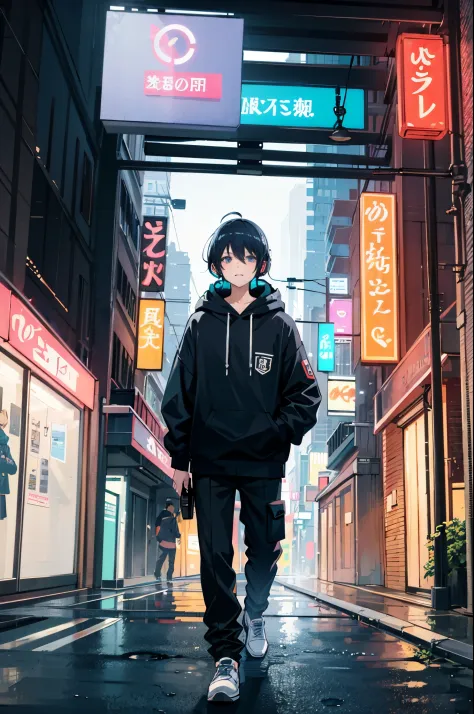 masutepiece, anime boys only, Incredibly absurd, Hoodie, headphones, Street, plein air, Rain, neons, Cyberpunk City, neons light...