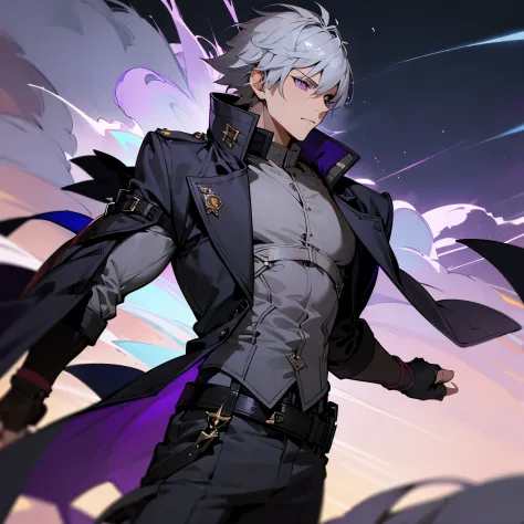 masterpiece, best quality, 1boy, grey hair, open clothes, coat, fingerless gloves, belt, detailed eyes, purple eyes, (night:1.4), natural light, thunder , calm face, looking ahead, male focus, muscles, movie composition, deth of field, fighting pose, explo...