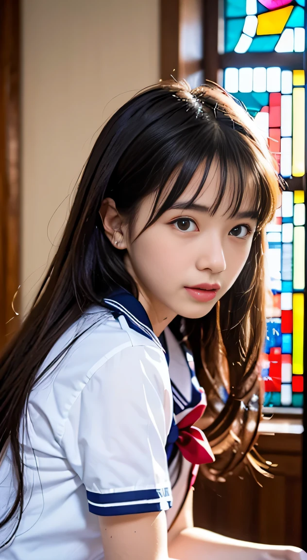 (((Draw only one woman: 2))), Beautiful 18 year old Japan woman, (A high school girl wearing a sailor uniform with short sleeves and a ribbon: 1.5), (Japan strict girls' school sailor uniform), ( High school girl sitting on a pew in church: 1.2), (Beautiful and elaborate stained glass on the background: 1.5), ((1screen)), 8K, RAW shot, top quality photo, masutepiece, Amazing realism photos, (lighting like a movie:1.5), Cute woman like an idol in Japan, Detailed face, Detailed eyes, Narrow Nose, Detailed skin, (Beautiful long hair: 1.5), ((facial close-up:1.8)), ssmile, (Angle from the side)