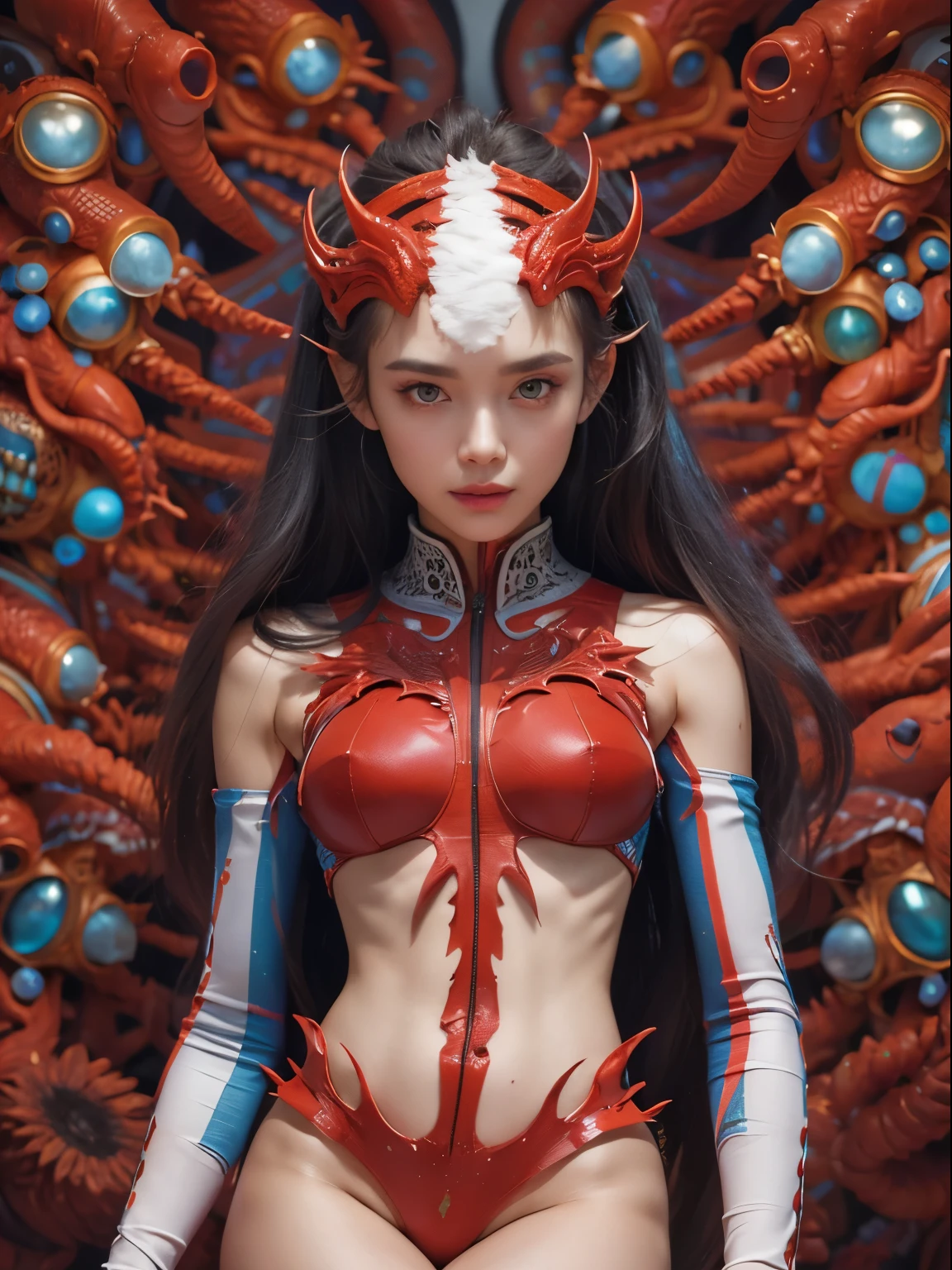 Female Alien, Beautiful face, seduces, red eyes, Full body like, A sexy, alien, No humans, an alien, cells are fused, Multiple hands, Lots of blue tentacle skin:1.5), extraterrestrial, cell, bio image, 魅惑的, Best Quality, 8K,,4K_quality, high_Definition,Dramatic Lighting, masutepiece:1.5,cinematic quality, detail up, Intricate details:1.2, 超A high resolution, High Definition, drawing faithfully, (Thick eyebrows:1.2), (Big scarlet eyes:1.6), Beautiful eyes with fine symmetry, (Ultra detailed eyes:1.2),(Highly detailed face and eyes:1.2), (High-resolution red-eye:1.4), Intimate face, (ultra detailed skin texture:1.4), Perfect Anatomy,  (Beautiful toned body:1.5),  (Moist skin:1.2), No makeup, (dark circles:1.1),