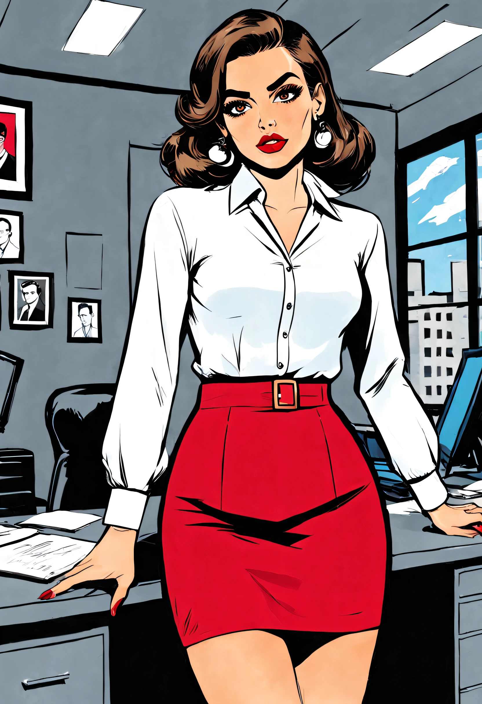 A cartoon of a woman in a red skirt standing in an office - SeaArt AI