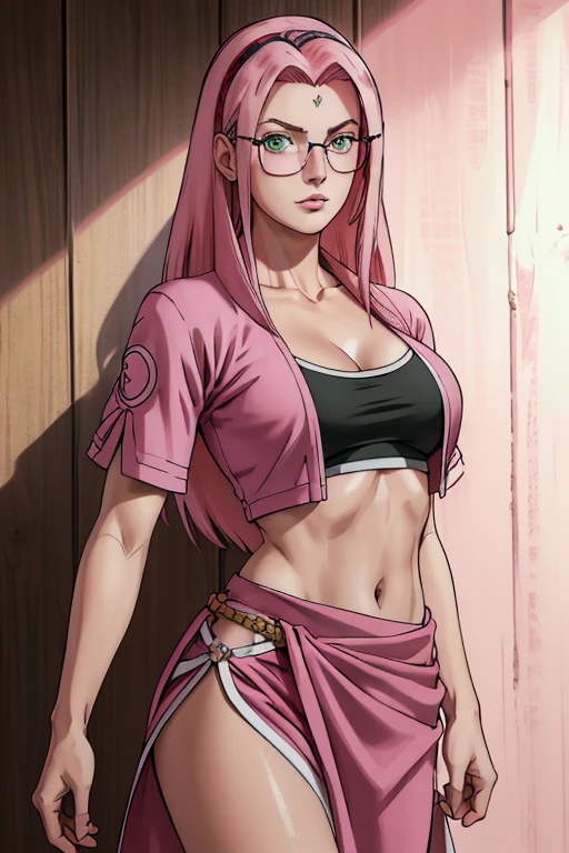 (((masterpiece+best quality+high resolution+ultra-detailed))), sakura\(boruto\), 1girl, solo,mature female, perfect composition, detailed lips, big breast, beautiful face, body propotion, blush, long silky pink hair, high nose, sharp eyes, noble and inviolable temperament, (([female]: 1.2 + [beauty]: 1.2 + pink long hair: 1.2)), egypt scriptures background, (one piece), collared jacket, crop top, midriff, navel, sarong, short sleeves, eyewear on head, hair slicked back, plunging neckline, cowboy shot, green eyes, dynamic angle and posture, realistic face and body.