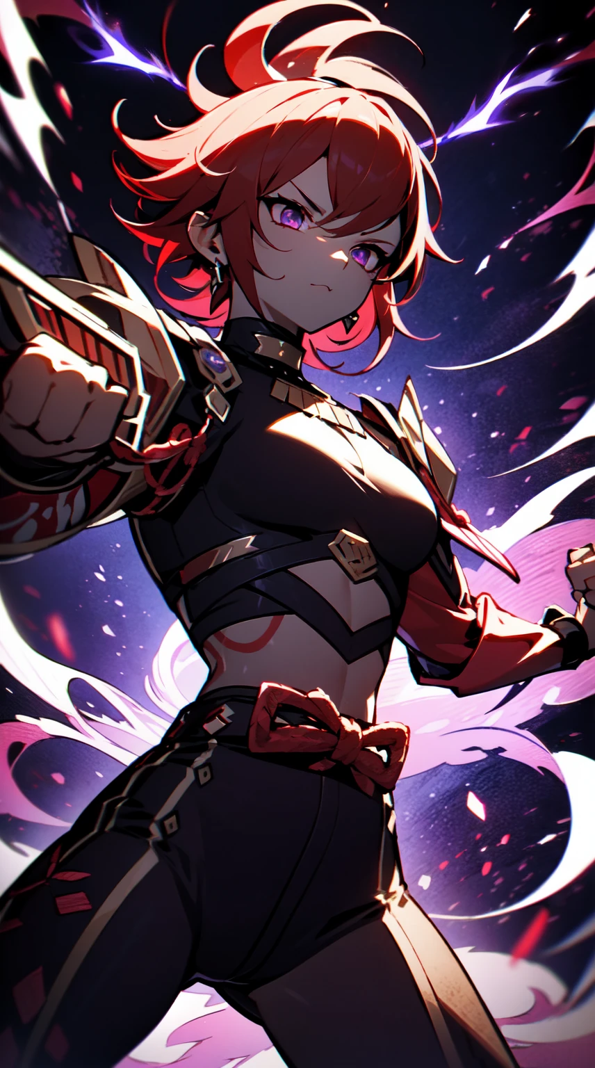 Ultra definition, masterpiece, best quality, Experienced fighter with dark red short hair, medium skin tone, A jacket and light armor red and black metallic Like kuki shinobu outfit, combat stance, Emanating from the fists black and purple lightning blazes, sharp ocular posture, yellow eyes.  Waist line