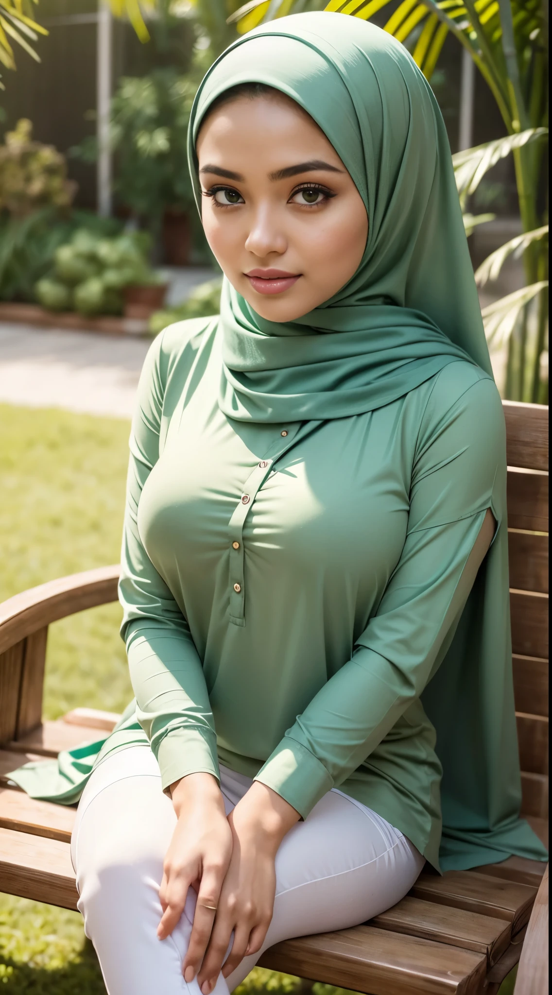 A close up of a woman sitting on a bench wearing a green hijab - SeaArt AI