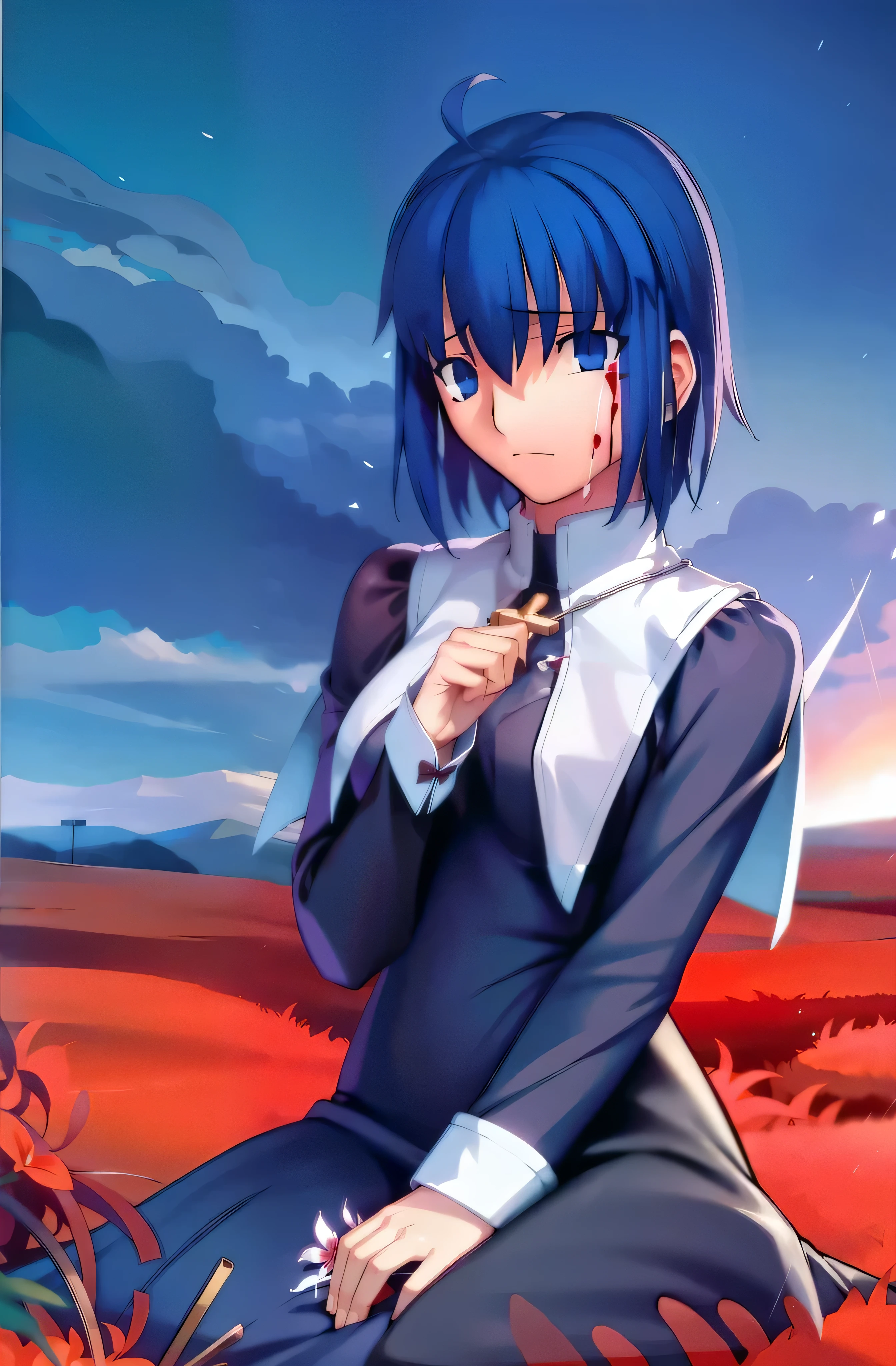 ciel_(tsukihime), Best quality, masterpiece, high resolution, cowboy shot, 1girl, solo, long sleeves black dress, blood, looking up, looking away, sad, looking at viewer, tearing up, tears, crying, crying with eyes, antenna hair, ahoge, closed mouth, praying, own hands together, own hands clasped, fingernails, breasts, (medium breasts:1.1),holding, holding, seiza, necklace, nun, habit open, sitting, outdoors, sky, field, flower, flower field, red flower, white flower, spider lily, white spider lily, light particles, cloud, cloudy sky,