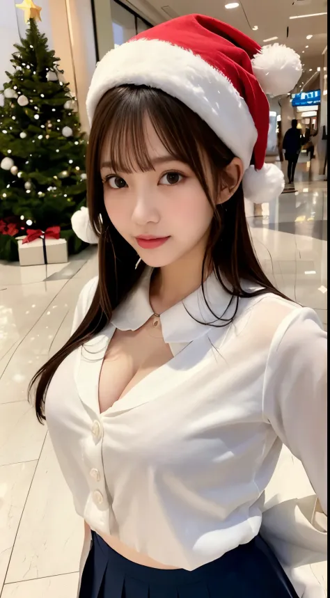 photo of a very cute and beautiful girl, ((upper body)), standing in shopping mall with big Christmas-tree, spot light, brown short hair, beautiful sensuous eyes, sensuous smile, thin eyebrows, voluptuous body, intricate detail, natural skin, beautiful thi...