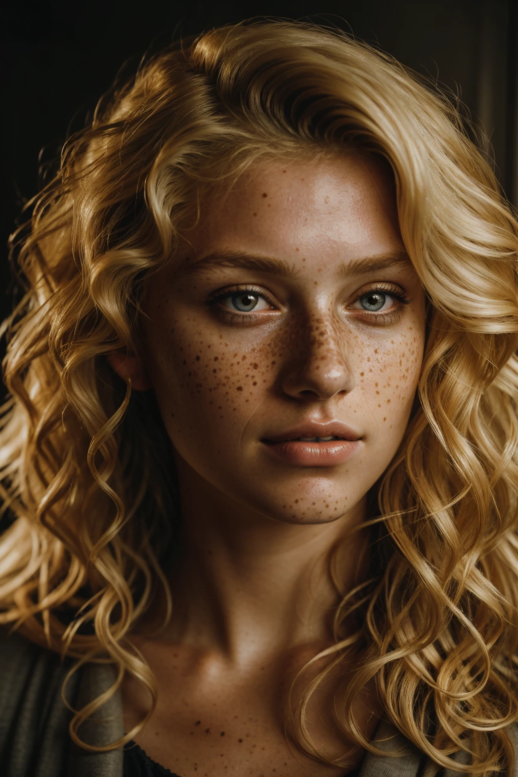 a photo portrait of a beautiful girl with curls and lots of freckles, (dirty blonde hair:1.10), (face portrait:1.5), dramatic light, Rembrandt lighting scheme