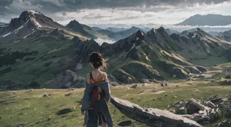 wide wide shot, overhead photography, one-girl, walking on top of mountain, The girl's back, The little dragon is flying in the distance, and it is raining, overcast day, gigantic mountains, rocks in foreground, Solitude, , Faraway view, mountain in the di...