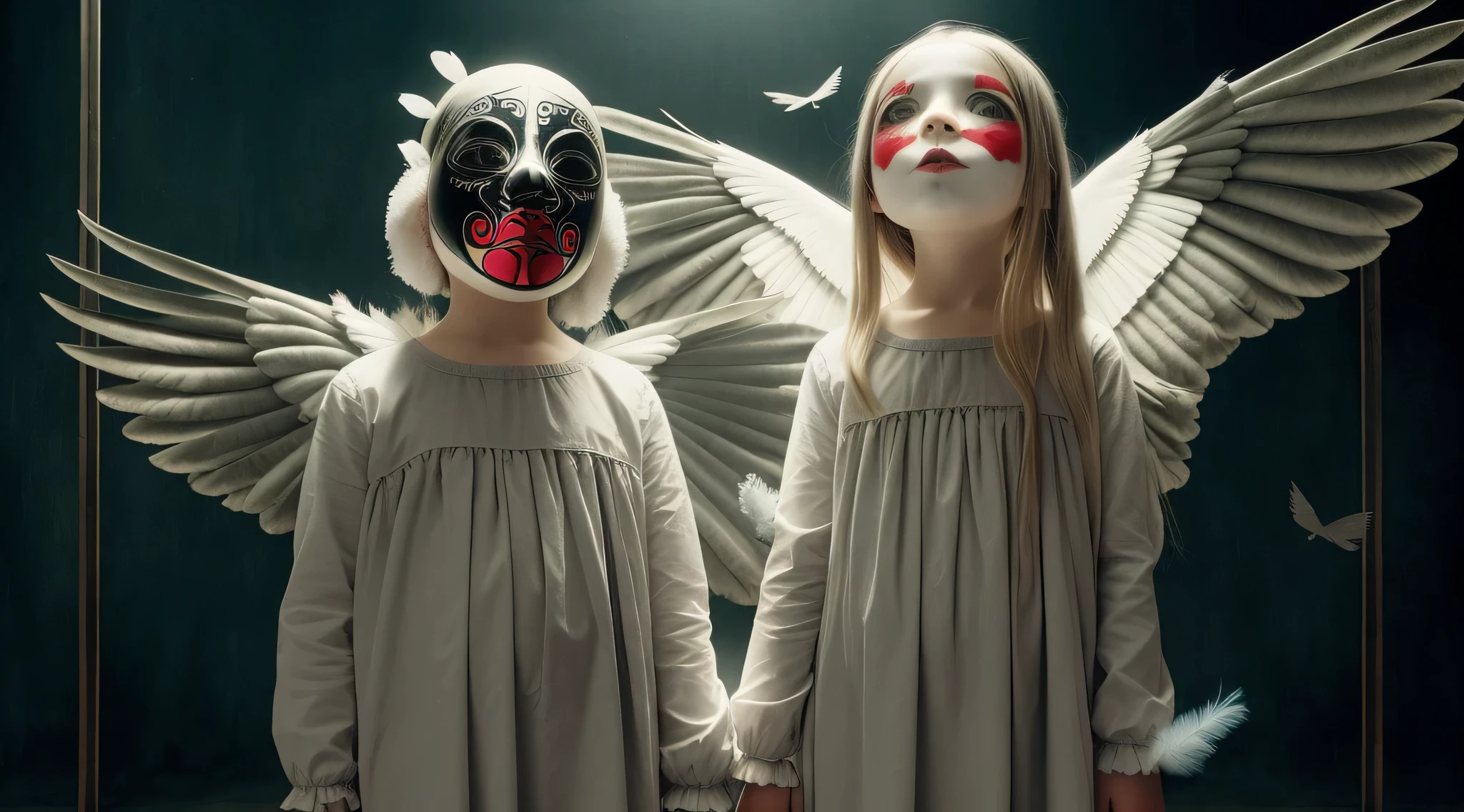 Two children dressed in costumes with white wings and red noses - SeaArt AI