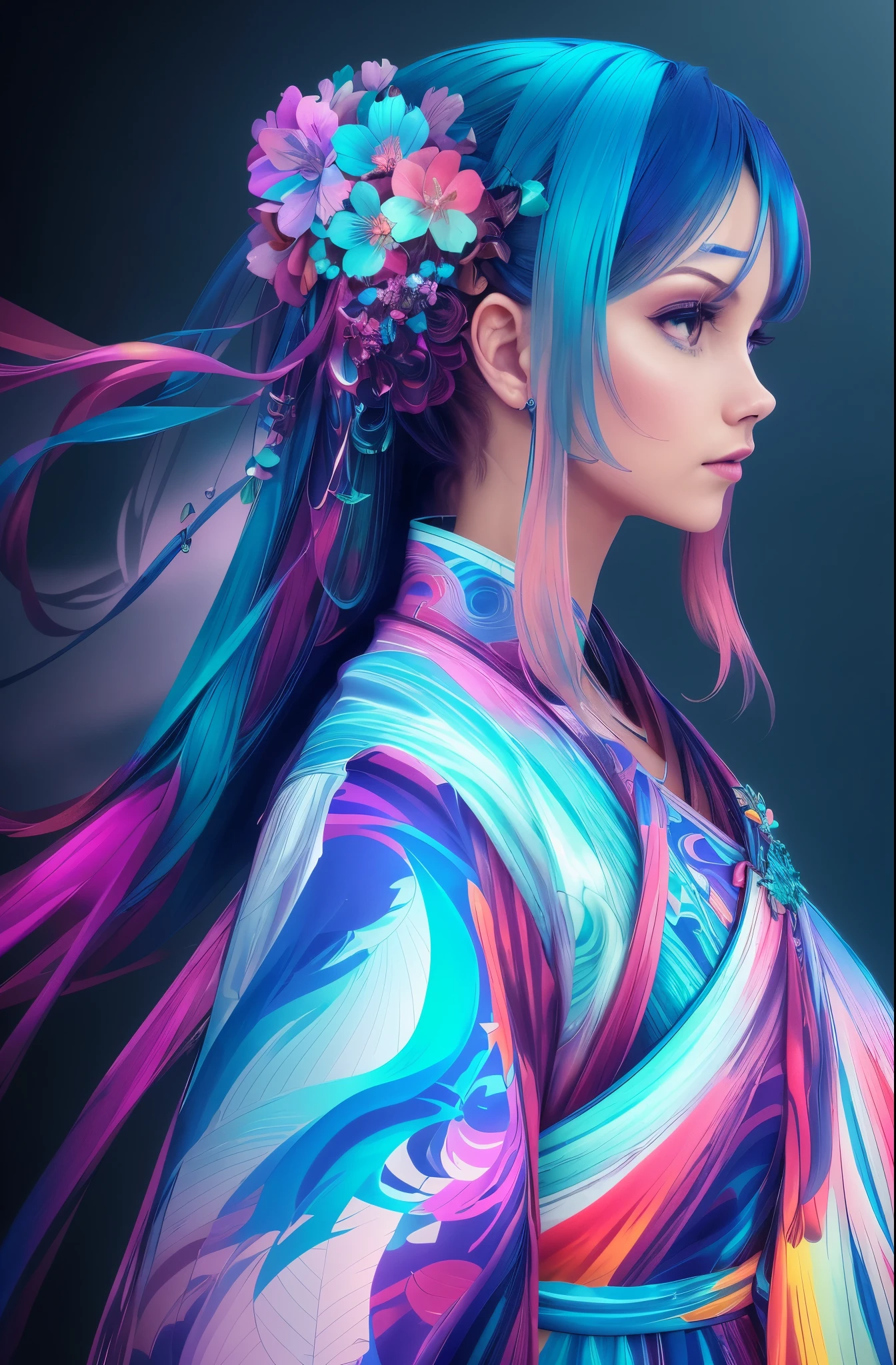 A woman with colorful hair and a flower in her hair - SeaArt AI