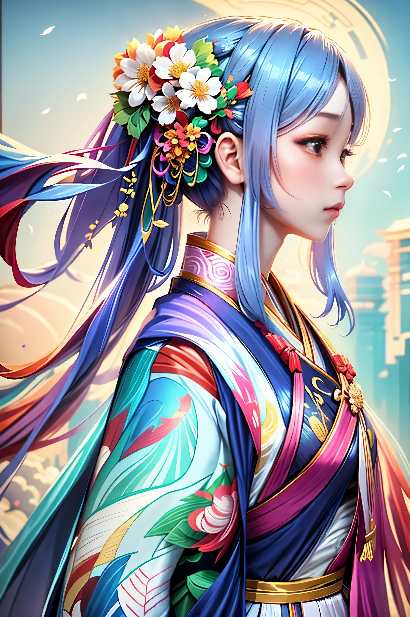 Красота в национальном стиле，Красочная вышивка Феникса Ханфу，Маленькие цветы на длинных волосах，простой фон