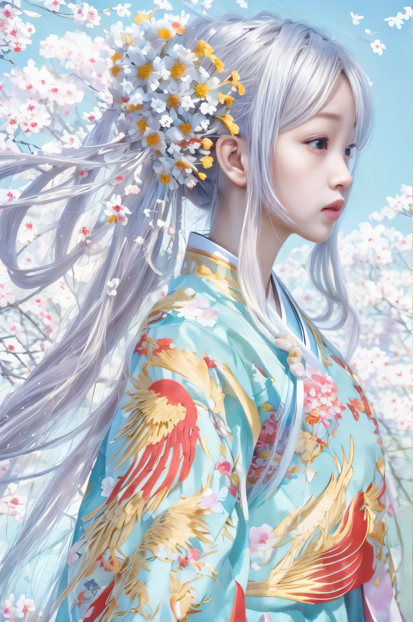 Beleza de estilo nacional，Hanfu bordado com fênix colorida，Pequenas flores em cabelos longos，fundo simples