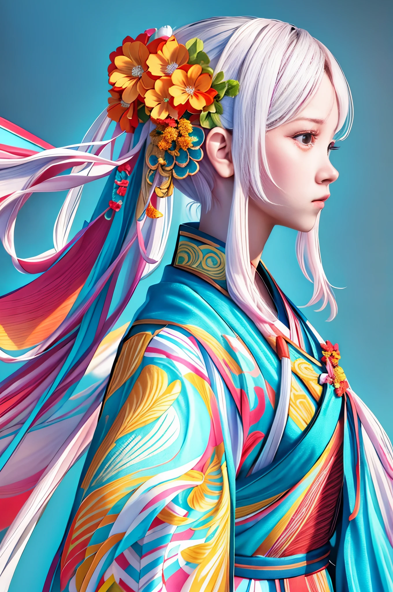 ความสวยงามตามแบบฉบับประจำชาติ，Hanfu ปักฟีนิกซ์สีสันสดใส，ดอกไม้เล็กๆ บนผมยาว，พื้นหลังที่เรียบง่าย