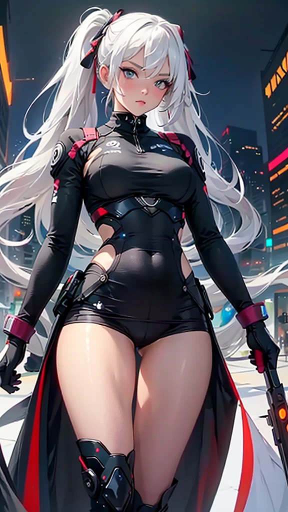 (master piece, Superior Quality, best quality, Official Art, Beautiful and Aesthetic:1.2), Beautiful girl looking at the camera, ((Fisheye photo)), Perfect detailed face, cyberpunk blurred background, futuristic cyber soldier sexy outfit, detailed underwear muscles realistic master piece gigantic breasts, hard protruding nipples, Ecchi, young sexy cyborg Lolita girl,top shot, perfect legs, perfect arms, perfect eyes, ((long white hair with 2 ponytails)),