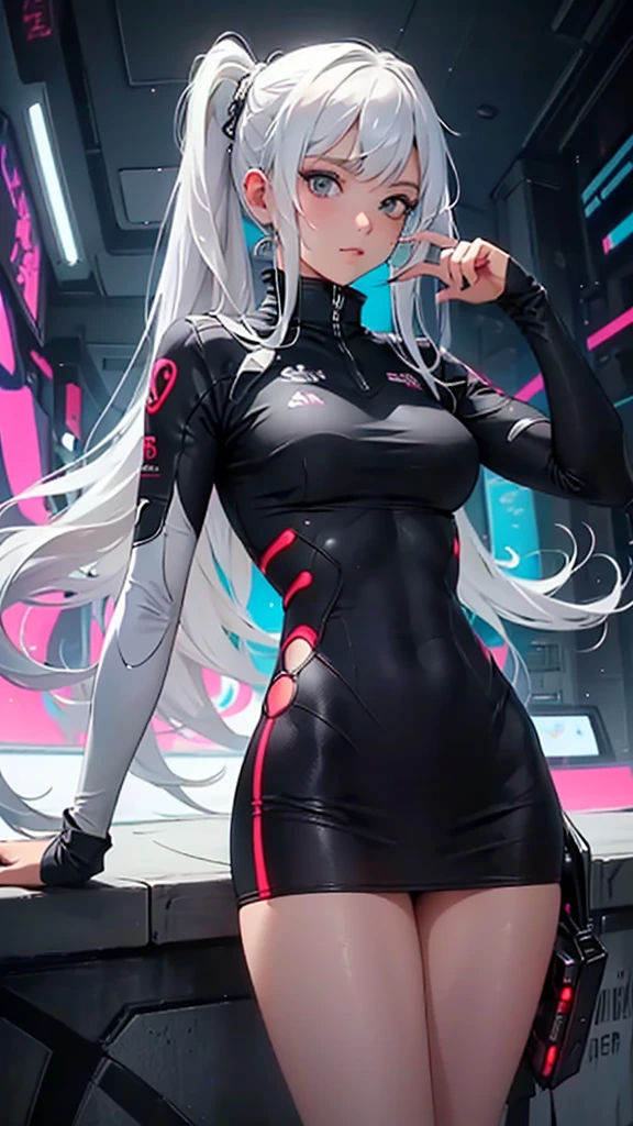 (master piece, Superior Quality, best quality, Official Art, Beautiful and Aesthetic:1.2), Beautiful girl looking at the camera, ((Fisheye photo)), Perfect detailed face, cyberpunk blurred background, futuristic cyber soldier sexy outfit, detailed underwear muscles realistic master piece gigantic breasts, hard protruding nipples, Ecchi, young sexy cyborg Lolita girl,top shot, perfect legs, perfect arms, perfect eyes, ((long white hair with 2 ponytails)),