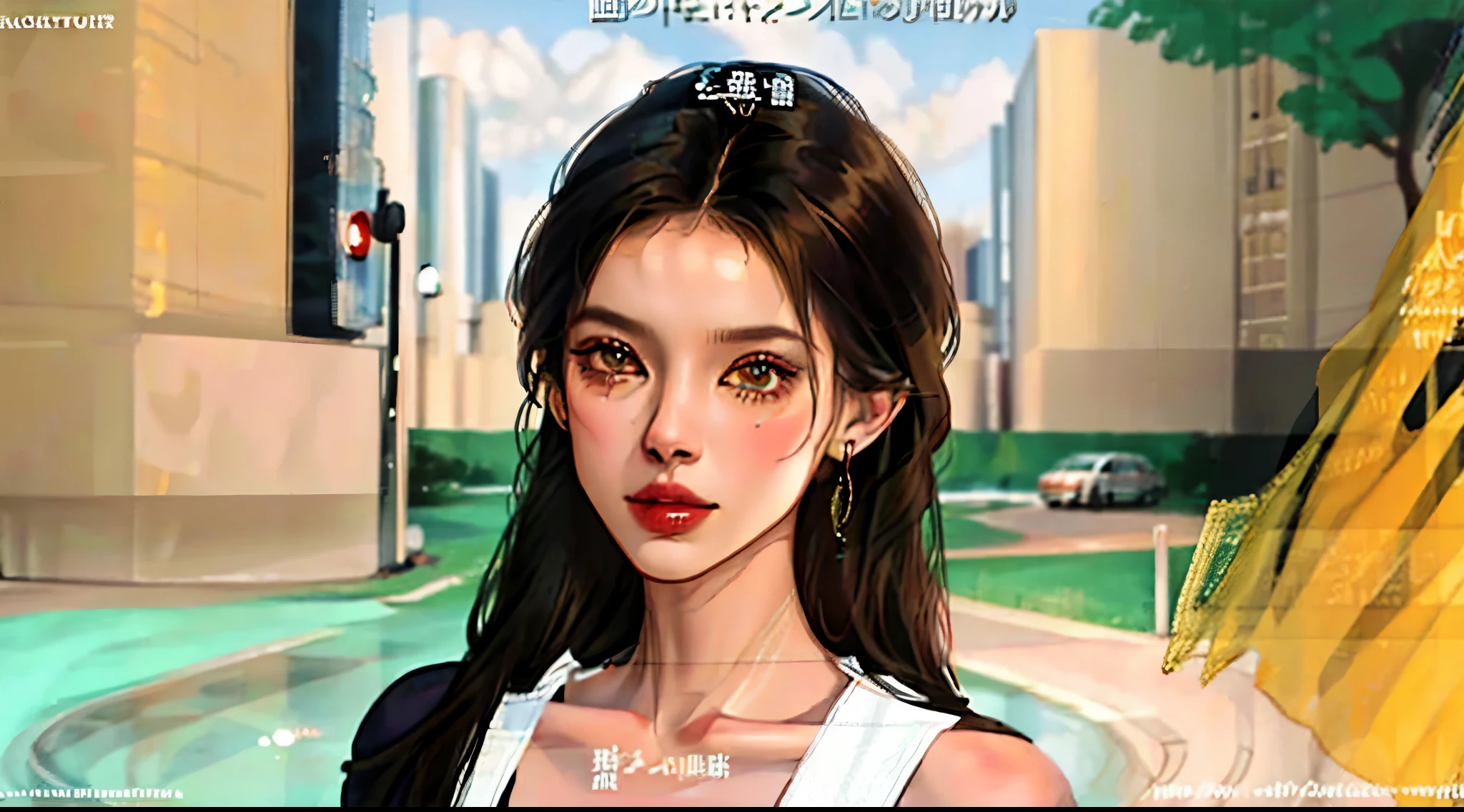 Anime girl with a red lipstick and a white dress in a city - SeaArt AI