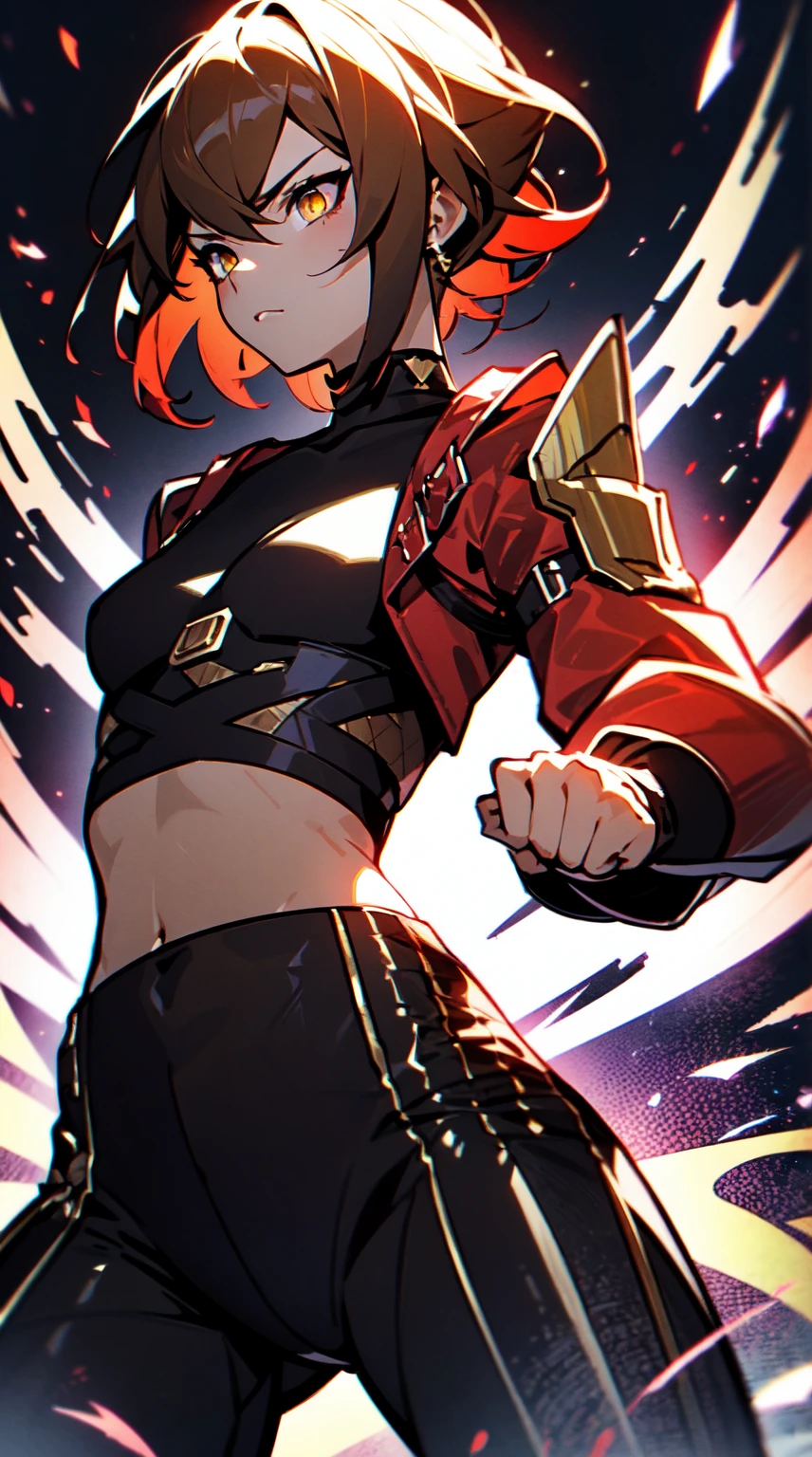 Ultra definition, masterpiece, best quality, 1Girl, Experienced fighter, dark red short hair, yellow eyes, light brown skin, wearing jacket and light armor red and black metallic Like kuki shinobu outfit, combat stance, fists with black and purple blazes, sharp ocular posture, waist line.