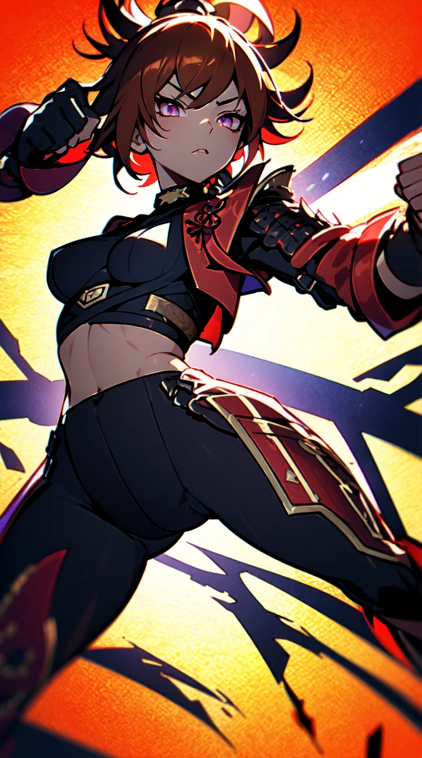 Ultra definition, masterpiece, best quality, 1Girl, Experienced fighter, crimson red short hair, yellow eyes, light brown skin, wearing jacket and light armor red and black metallic Like kuki shinobu outfit, combat stance, fists with black and purple blazes, sharp ocular posture, waist line.