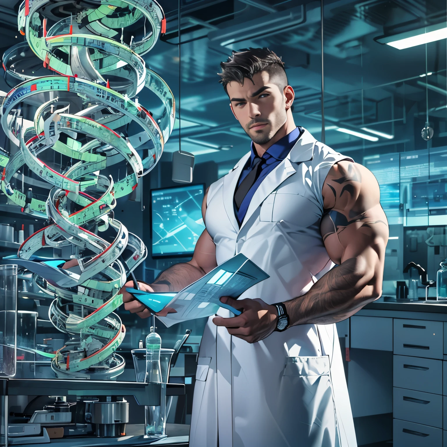 красивый учёный в откровенном лабораторном халате, мускулистый, изучение модели спирали ДНК, футуристическая лабораторная обстановка, Сосредоточенный, хорошая кожа, большая выпуклость, большие мышцы