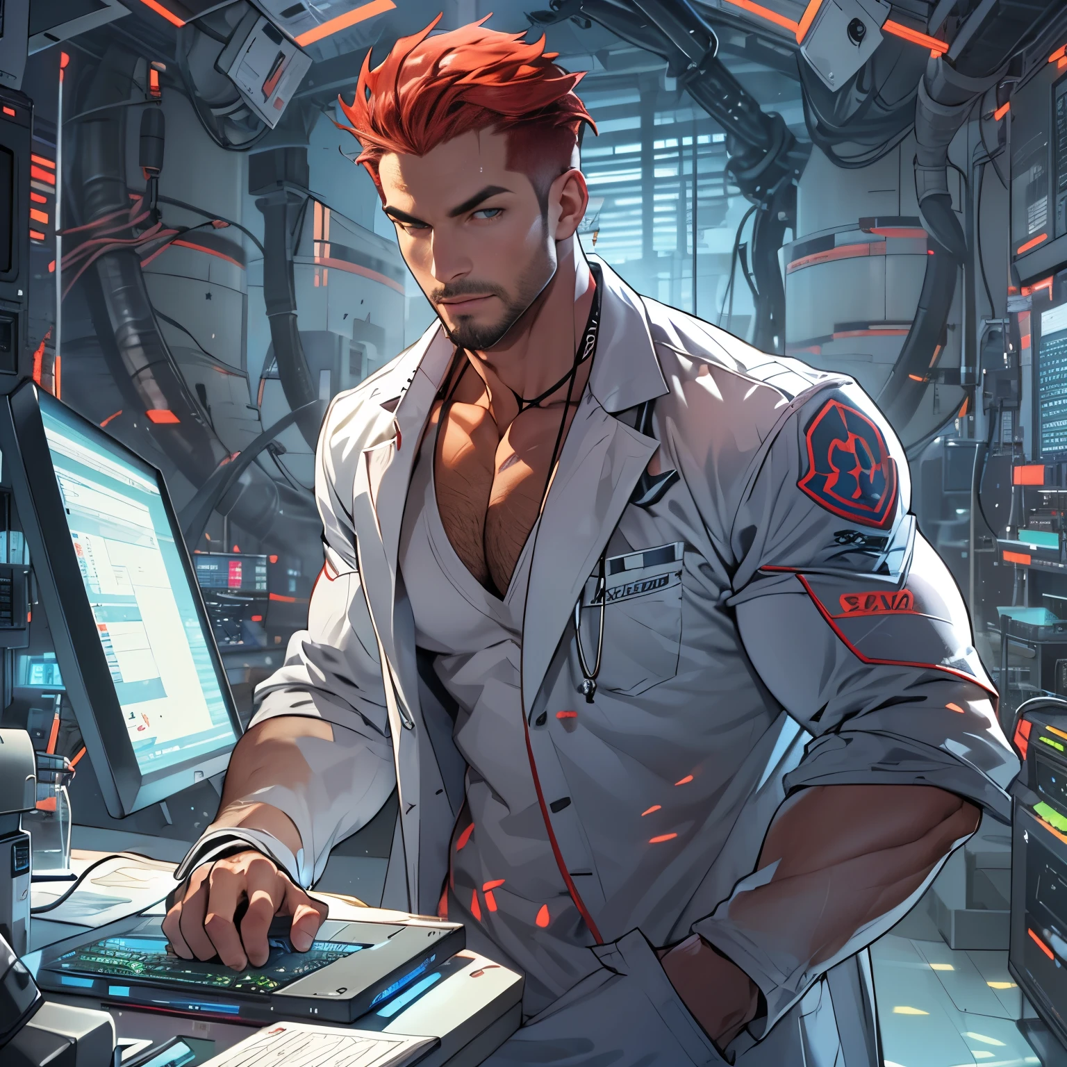 handsome scientist in a revealing lab coat, short hair, stubble, red hair, muscular, working on supercomputers, futuristic lab setting, focused, nice skin, big bulge, big muscles