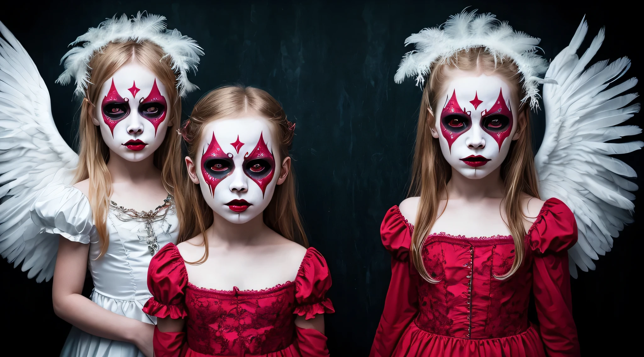 Two girls with white and red makeup and angel wings - SeaArt AI