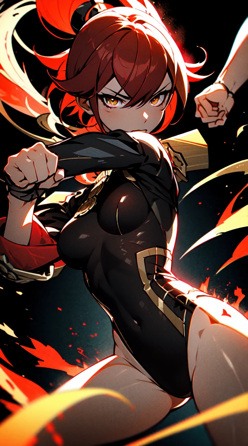 Ultra definition, masterpiece, best quality, 1Girl, Experienced fighter, crimson red short hair, yellow eyes, light brown skin, wearing jacket and light armor red and black metallic Like kuki shinobu outfit, combat stance, Black/red energy emanating from the fists , sharp ocular posture, waist line. The hair nees to be red!