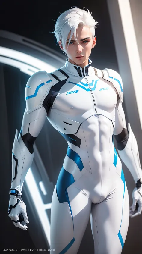 body suit, white and blue suit, futuristic suit, white gloves, skin tight  bodysuit - SeaArt AI