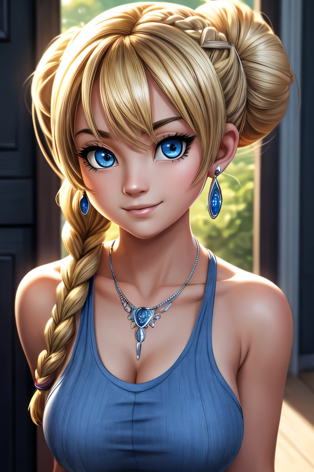 ((ultra quality)), ((tmasterpiece)), gnome girl, Short stature, ((blonde woman, hairlong, braided)), (silver ear rings), (silver necklace around the neck), (Beautiful cute face), (beautiful female lips), Charming, ((sexy facial expression)), looking at the camera smiling softly, eyes are slightly closed, (Skin color: white), Body glare, ((detailed beautiful female eyes)), ((dark blue eyes)), (juicy female lips), (beautiful female hands), (A bit full figure, bun), ((perfect female figure)), perfect female body, Beautiful waist, Gorgeous hips, Beautiful medium breasts, ((Subtle and beautiful)), seductively worth it (close-up of the face), (wearing blackface jeans, white tanktop) background: on the threshold of the house, Hot day, ((Depth of field)), ((high quality clear image)), (crisp details), ((higly detailed)), Realistic, Professional Photo Session, ((Clear Focus)), the anime