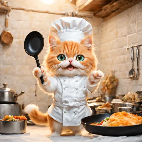 (minuet、In the middle of the meal、Holding a frying pan、Chefs fascinate、Chef's Hat,odd eye),,cute little,​masterpiece,top-quality,Fluffy cat,,A delightful,tre anatomically correct,,Fantasia,Cats,minuet,odd eye