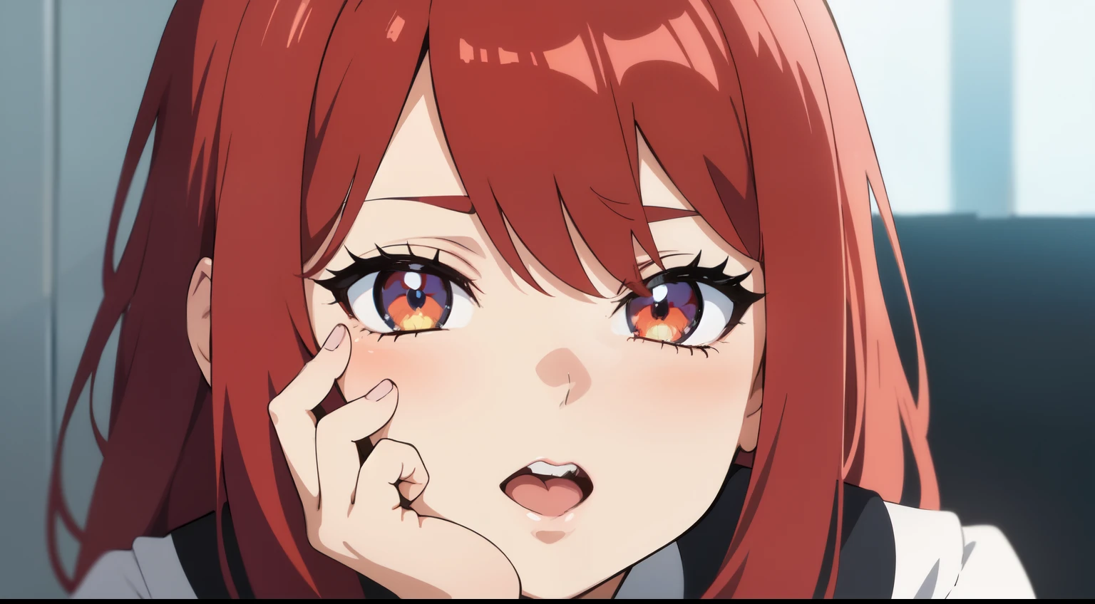 Anime girl with red hair and blue eyes looking at camera - SeaArt AI