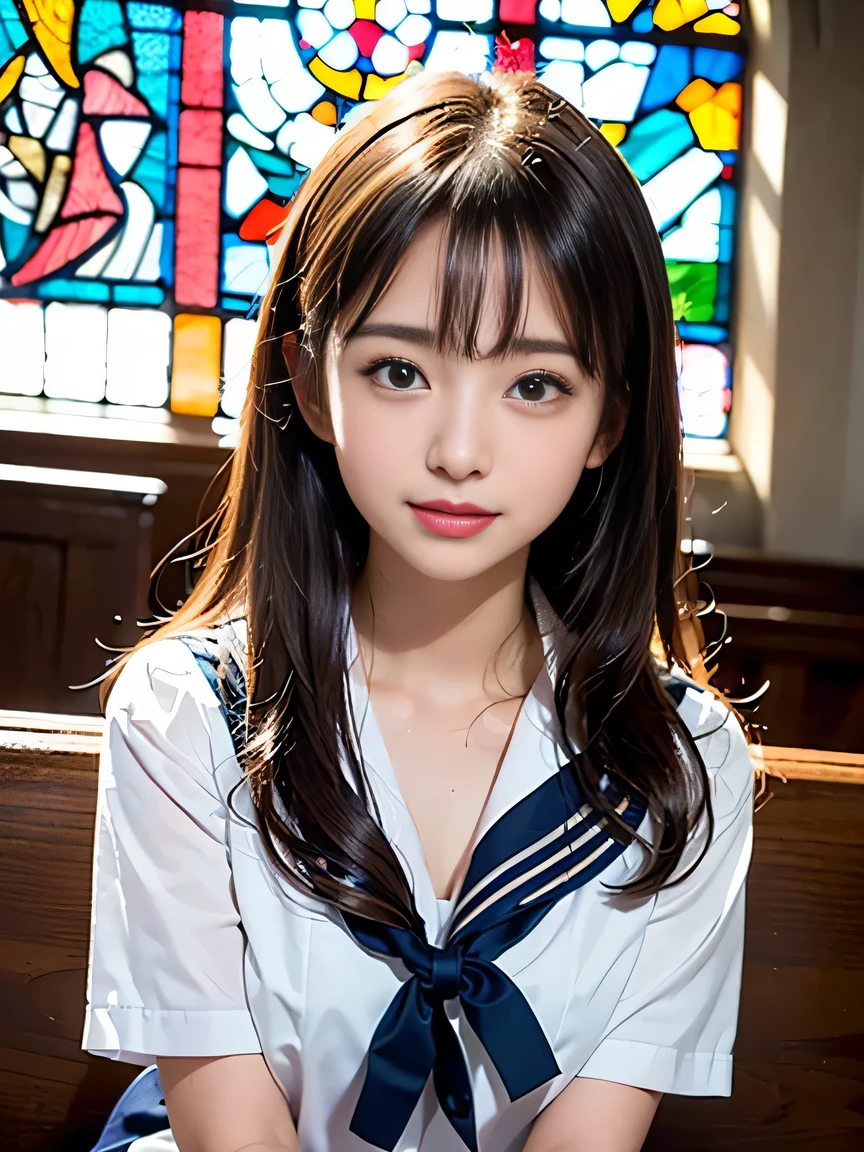 (((Zeichne nur eine Frau: 2))), Schöne 18-jährige Japanerin, (Eine High-School-Schülerin trägt eine Matrosenuniform mit kurzen Ärmeln und einer Schleife: 1.5), (Strenge Matrosenuniform für Mädchen in Japans Schule), ( High-School-Mädchen sitzt in der Kirchenbank: 1.2), (Schöne und aufwendige Glasmalerei auf dem Hintergrund: 1.5), ((1Bildschirm)), in 8K, RAW-Aufnahme, Foto in Topqualität, Tischplatte, Erstaunlich realistische Fotos, (Beleuchtung wie im Film:1.5), ((Anatomisch korrekte Proportionen: 1.5)), ((perfekte Proportionen)), Süße Frau wie ein Idol in Japan, detailliertes Gesicht, detaillierte Augen, schmale Nase, detaillierte Haut, (Schöne lange Haare: 1.5), (portlat:1.5), (Gesichts-Nahaufnahme:1.5), Seitlicher Winkel eines lächelnden Gesichts