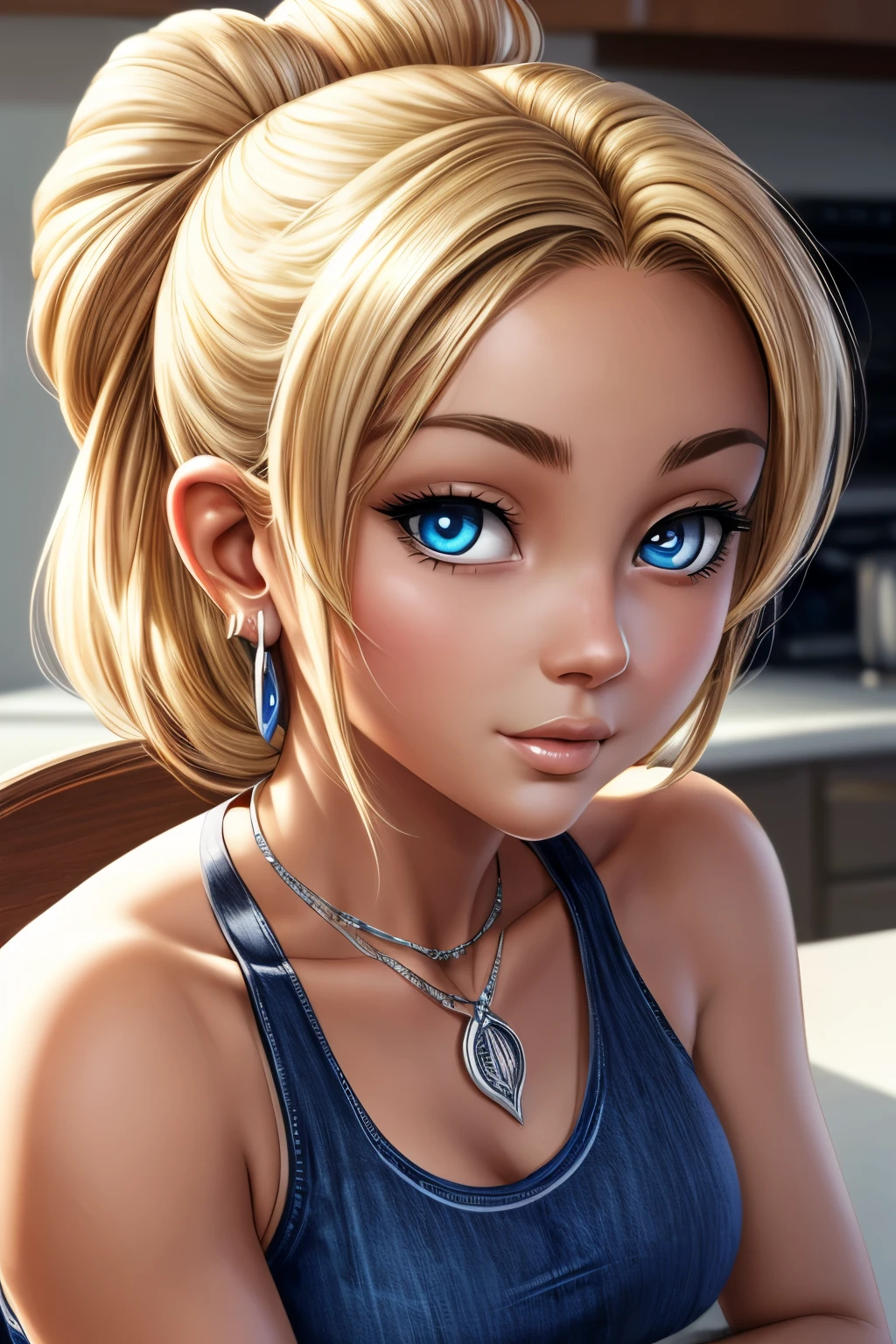 ((ultra quality)), ((tmasterpiece)), gnome girl, Short stature, ((blonde woman, hairlong)), (silver ear rings), (silver necklace around the neck), (Beautiful cute face), (beautiful female lips), Charming, ((sexy facial expression)), is looking at the camera, eyes are slightly closed, (Skin color: white), Body glare, ((detailed beautiful female eyes)), ((dark blue eyes)), (juicy female lips), (beautiful female hands), (A bit full figure, bun), ((perfect female figure)), perfect female body, Beautiful waist, Gorgeous hips, Beautiful medium breasts, ((Subtle and beautiful)), sits seductively on a chair (close-up of the face), (wearing blackface jeans, white tanktop) background: in a kitchen ((Depth of field)), ((high quality clear image)), (crisp details), ((higly detailed)), Realistic, Professional Photo Session, ((Clear Focus)), the anime