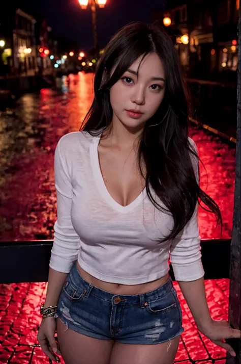 lady, posing seductively to viewer, solo:1, pov, beautiful thick thighs,
red light district background, long hair, 3/4 body, V neck mini hot shorts