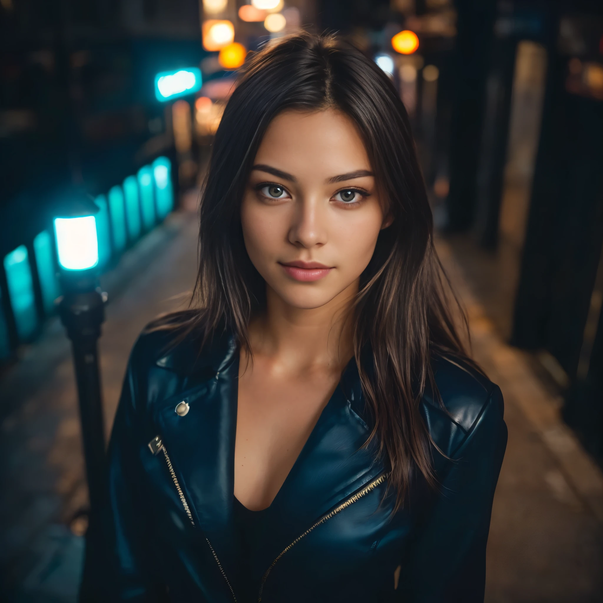 (taking selfies, overhead view: 1.4), (straight half of the torso: 1.4), Portrait photo of a 24-year-old french girl in RAW UHD format (Blue-eyed woman) Walk down the dark alley, night city, Details (textures! , Hair! , glistering, Color!! , imperfections: 1.1), highly detailed glossy eyes (looking at the camera), DSLR Lighting, SLR camera, Ultra-Quality, sharpness, Depth of field, Film grain (Downtown), Fujifilm XT3, Crystal clear, Frame Center, beatiful face, sharp-focus, street lamp, neon lighting, bokeh (dimly lit), night time, (night  sky), detailed skin pores, oilly skin, suntan, Complex eye details