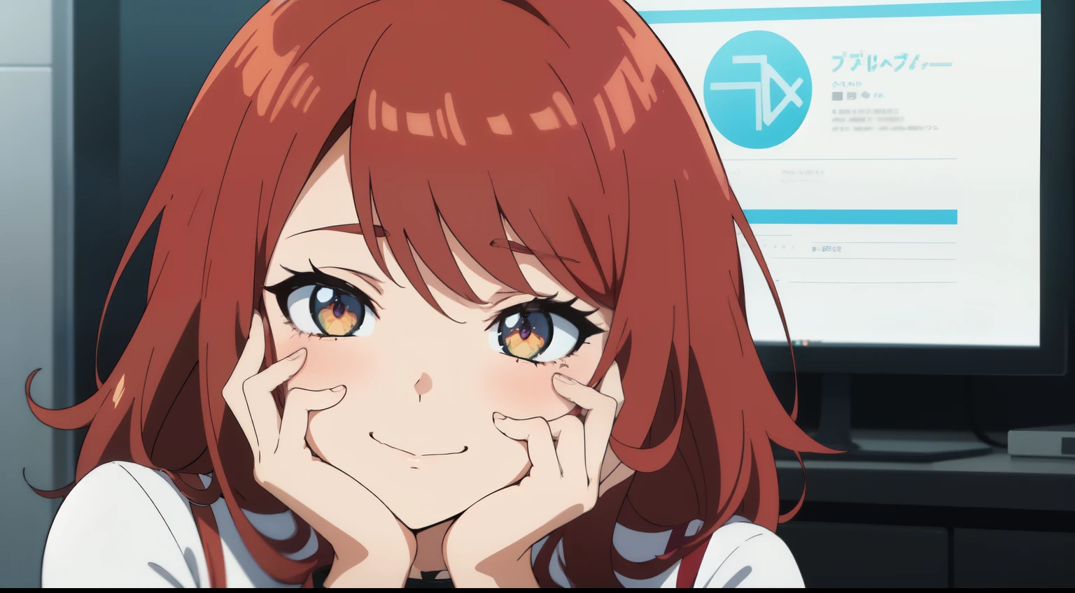 Anime girl with red hair and blue eyes looking at a computer screen -  SeaArt AI