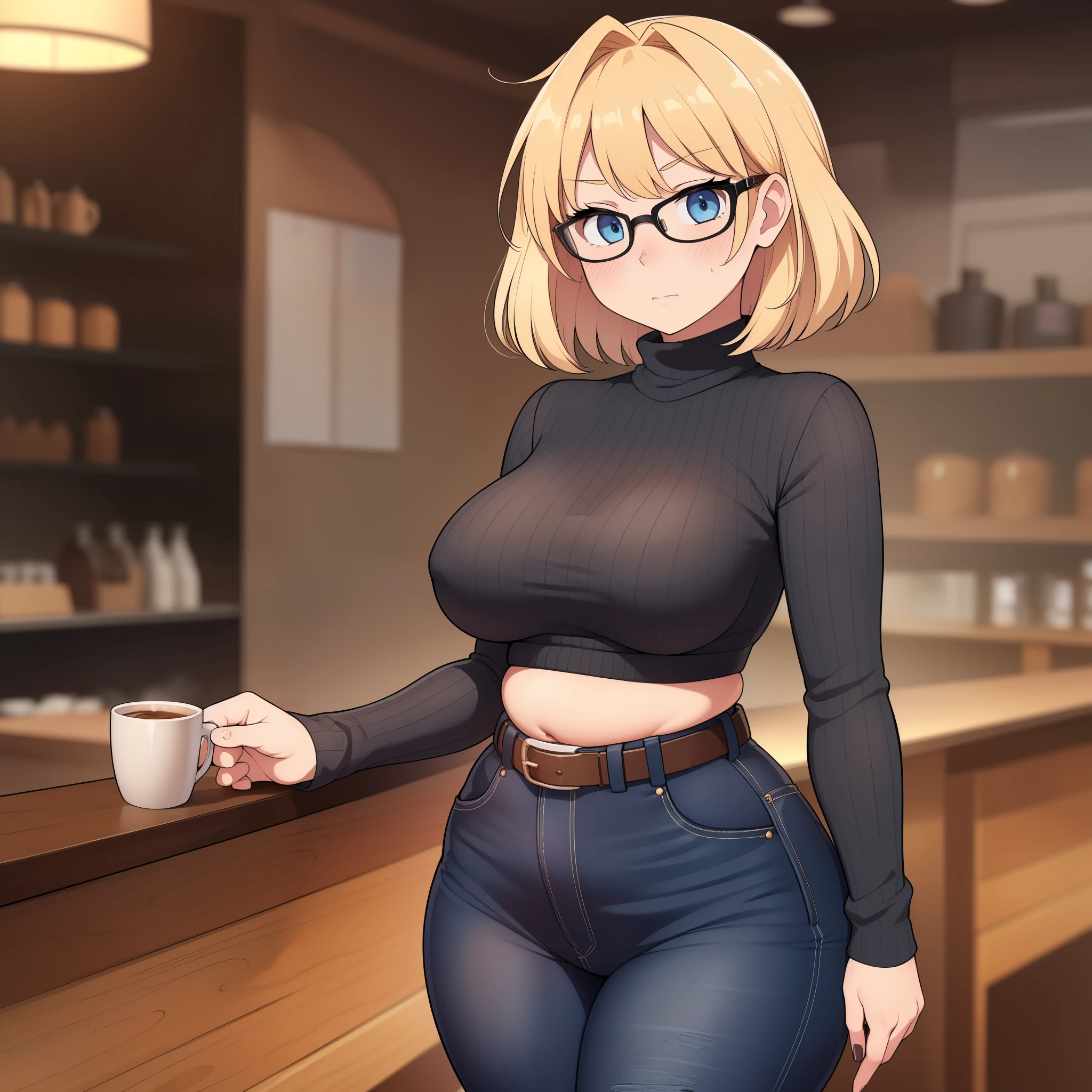 ((Masterpiece)), perfect anatomy, perfect shading, field of depth, (best quality), extremely delicate and beautiful, perfect lighting, detailed face, ultra cute face, cute, (cowboy shot 1.2), full body, (((1girl))), ((solo)), looking at viewer,

short hair, fluffy hair, blonde hair, blue eyes, Glasses, ((blush)), shy, nervous, (black turtleneck sweater 1.5), (jeans 1.2), belt, extremely tight clothes, medium breasts, ((wide hips)), ((thick thighs)), ((chubby)), belly bulge,

coffee shop, intricate background, detailed background, hand on hip,