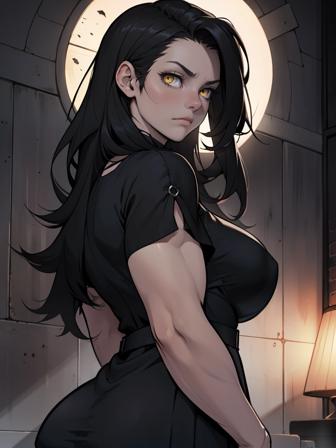 girl muscles huge breasts pale skin very long hair black hair yellow eyes sad expressionless solo black night dress black night dress