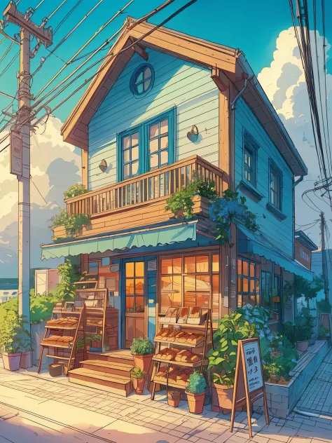 Draw an wide anime lofi scene of vibrant wooden bakery under a white house with blue windows, volumetric light, late afternoon, plants, minimalistic, wires and poles, menu board, wide open sky, aesthetically beautiful, vibrant saturated colors, beautiful c...
