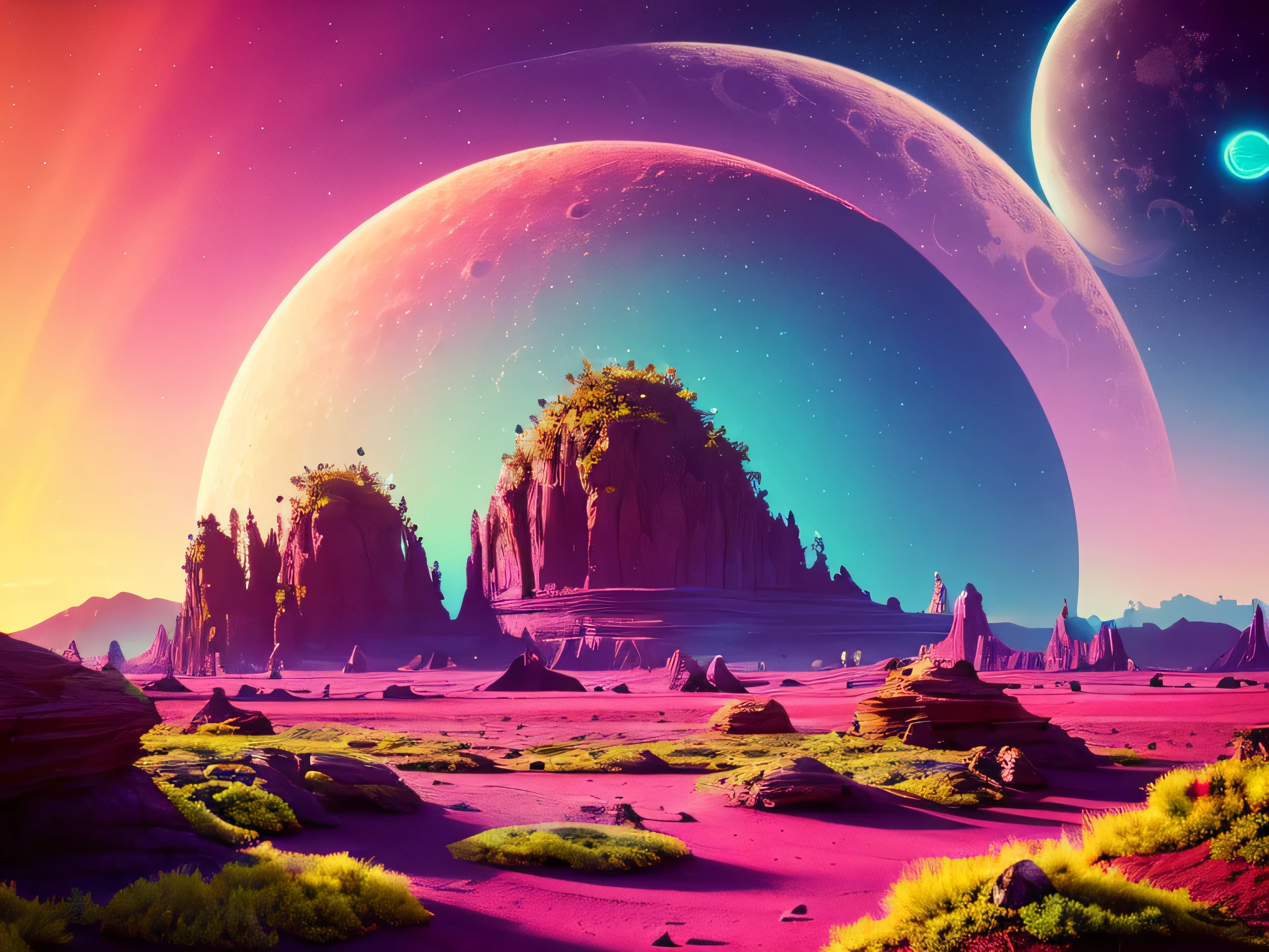 Eine üppige fremde Landschaft auf einem Ringplaneten mit einem Mond am Himmel, Lebendige bunte Wolken, strange, Science-Fiction, Raytracing, ausführlich reflections, kompliziert, Hohe Detailliertheit, dramatisch, Meisterwerk in bester Qualität, fotorealistisch, ausführlich, 8k, HDR, Hintergrundbeleuchtung, blühen, Licht funkelt, chromatische Abweichung, scharfer Fokus